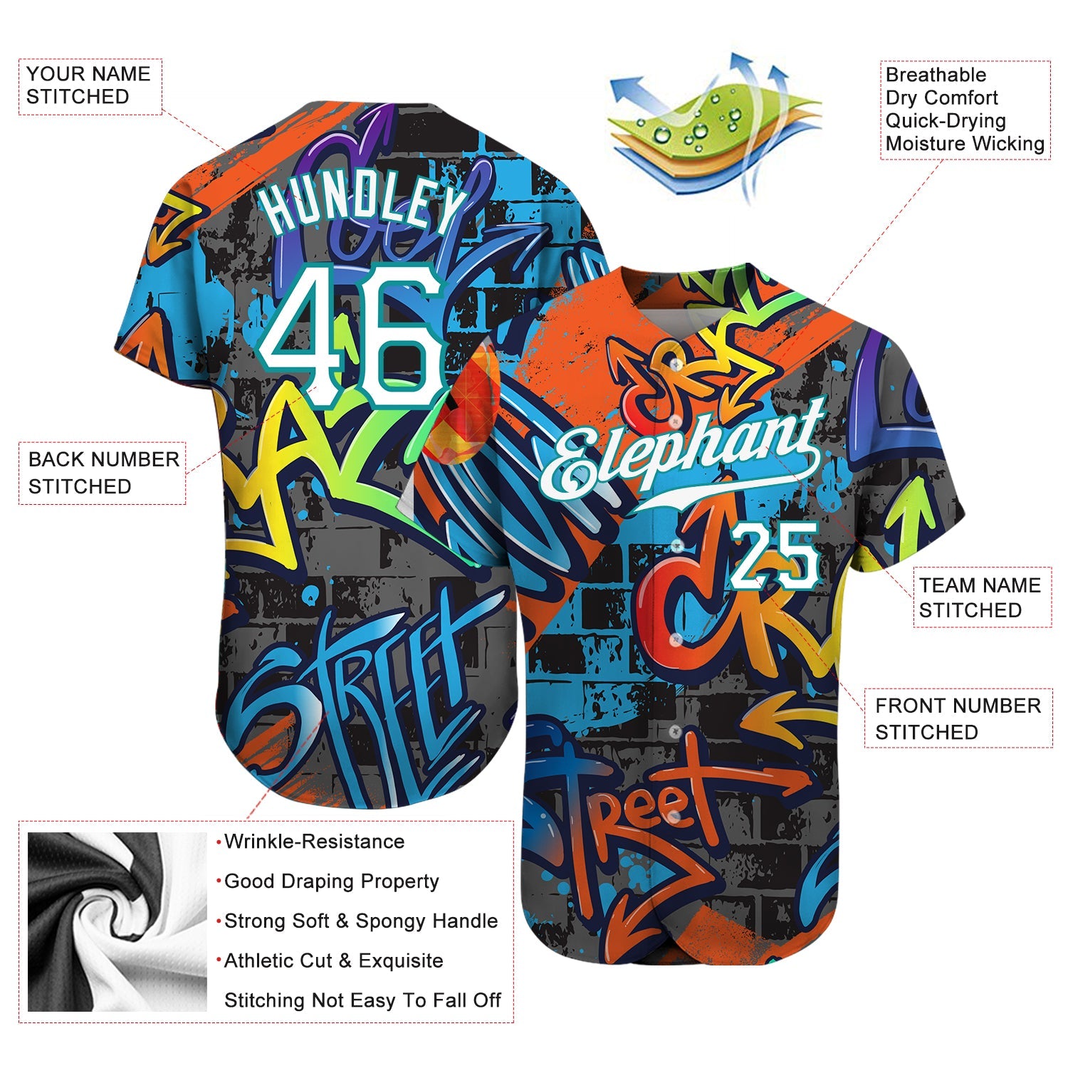 Custom Graffiti Geometric Pattern White-Teal 3D Authentic Baseball Jersey view 3