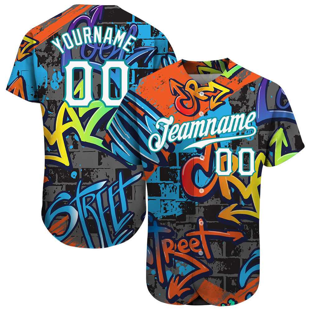 Custom Graffiti Geometric Pattern White-Teal 3D Authentic Baseball Jersey - Main View