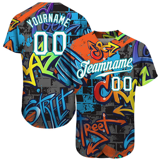 Custom Graffiti Geometric Pattern White-Teal 3D Authentic Baseball Jersey - Main View