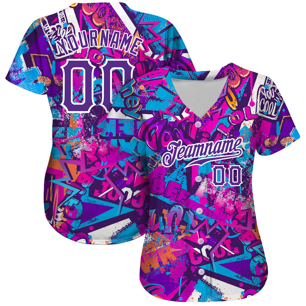 Custom Graffiti Words Pattern White-Purple 3D Authentic Baseball Jersey view 2