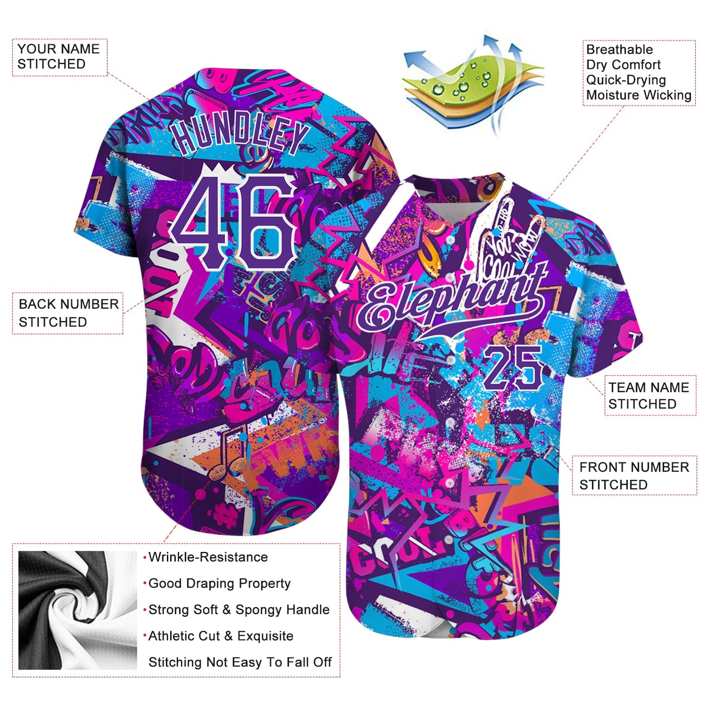 Custom Graffiti Words Pattern White-Purple 3D Authentic Baseball Jersey view 3