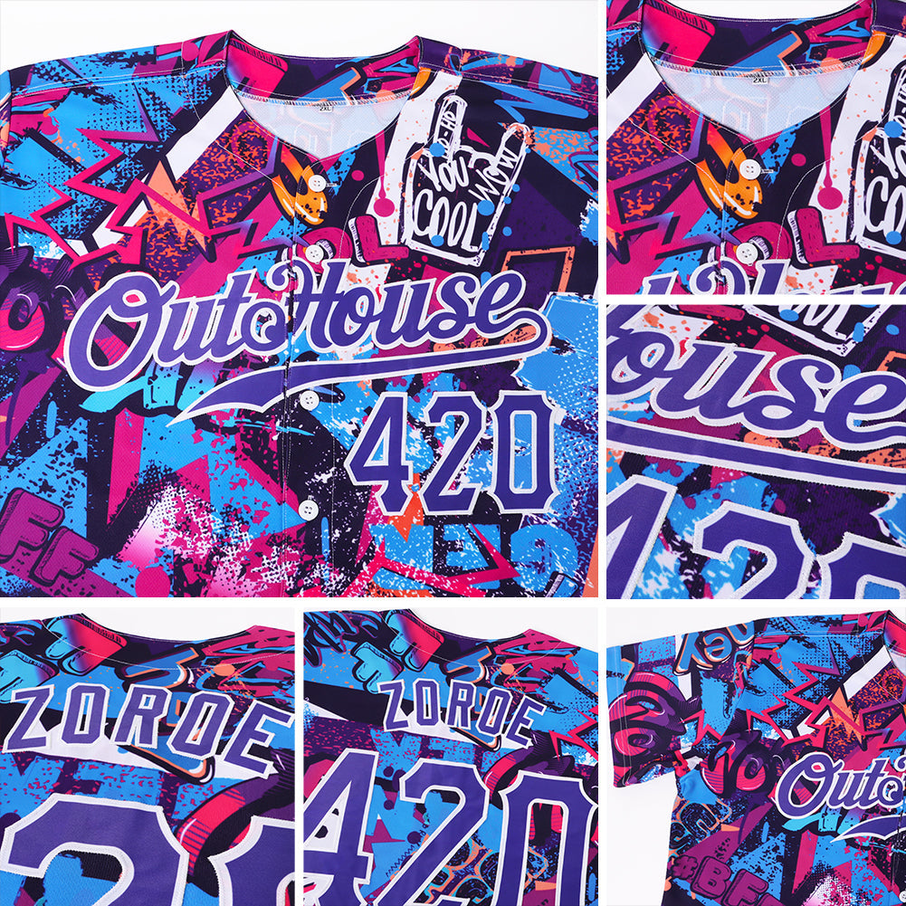 Custom Graffiti Words Pattern White-Purple 3D Authentic Baseball Jersey view 6