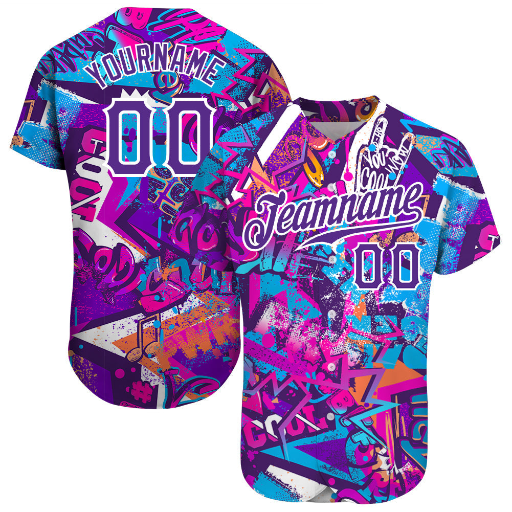 Custom Graffiti Words Pattern White-Purple 3D Authentic Baseball Jersey - Main View