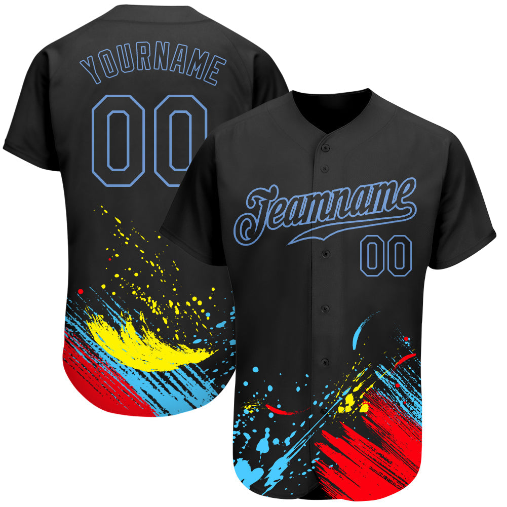 Custom Graffiti Pattern Black-Light Blue 3D Authentic Baseball Jersey - Main View