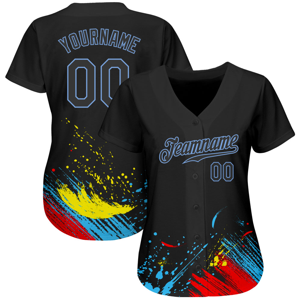 Custom Graffiti Pattern Black-Light Blue 3D Authentic Baseball Jersey view 3