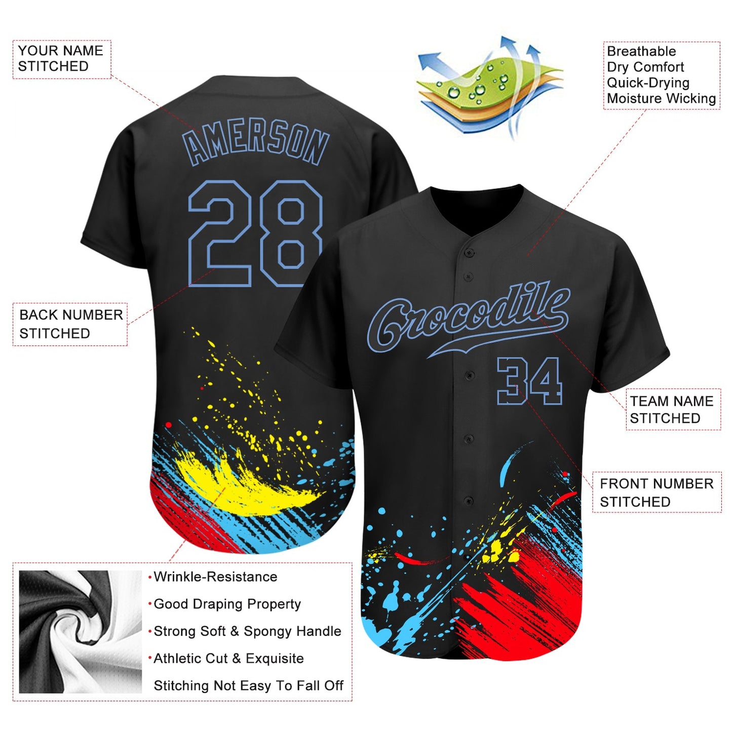 Custom Graffiti Pattern Black-Light Blue 3D Authentic Baseball Jersey view 4