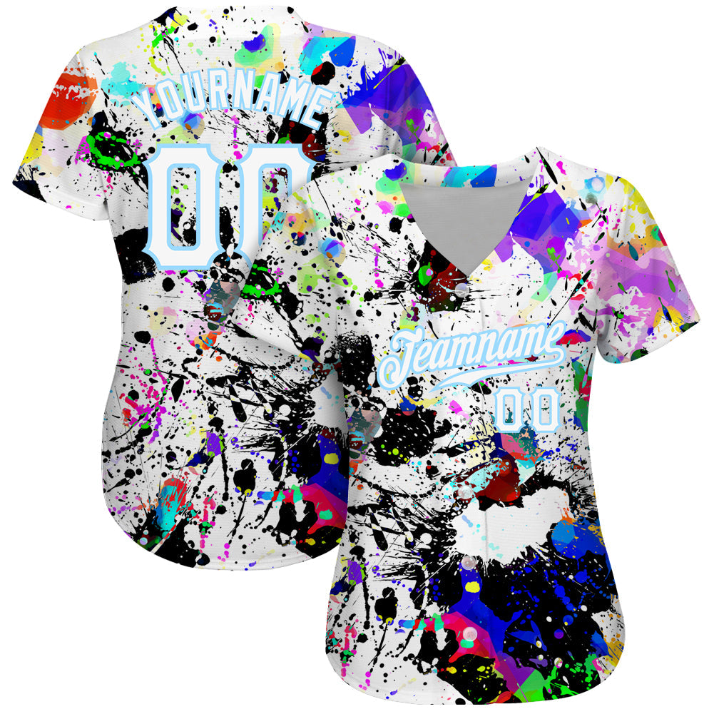 Custom Splashes Graffiti Pattern White-Light Blue 3D Authentic Baseball Jersey view 2