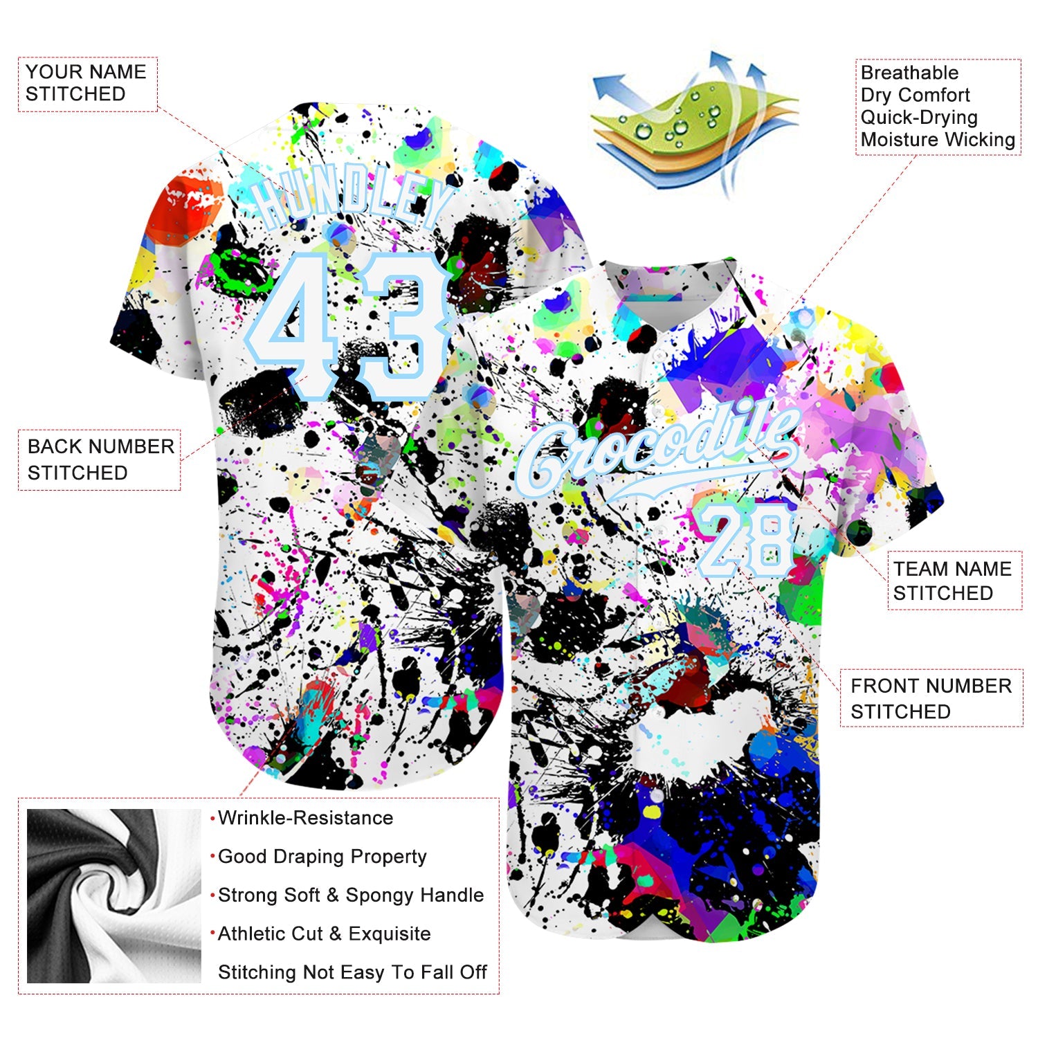 Custom Splashes Graffiti Pattern White-Light Blue 3D Authentic Baseball Jersey view 3