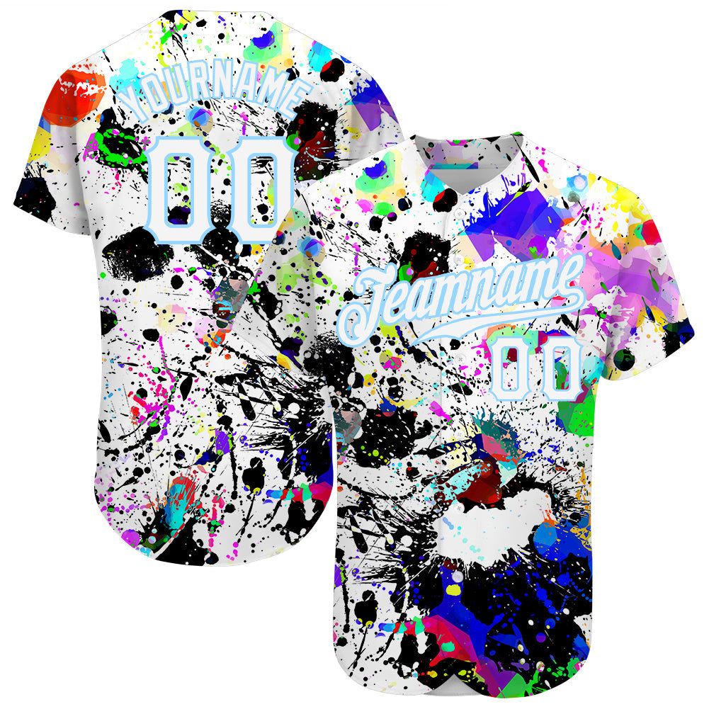 Custom Splashes Graffiti Pattern White-Light Blue 3D Authentic Baseball Jersey - Main View