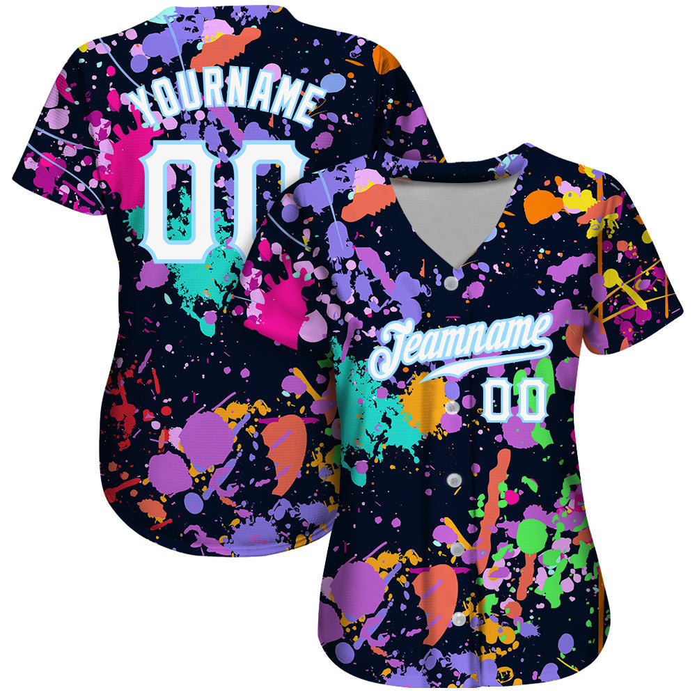 Custom Splashes Graffiti Pattern White-Light Blue 3D Authentic Baseball Jersey view 3