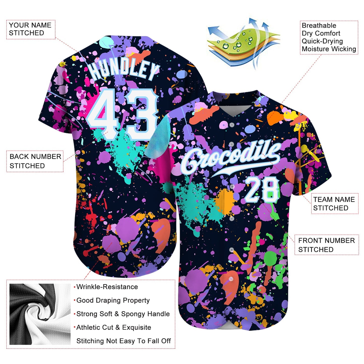 Custom Splashes Graffiti Pattern White-Light Blue 3D Authentic Baseball Jersey view 4