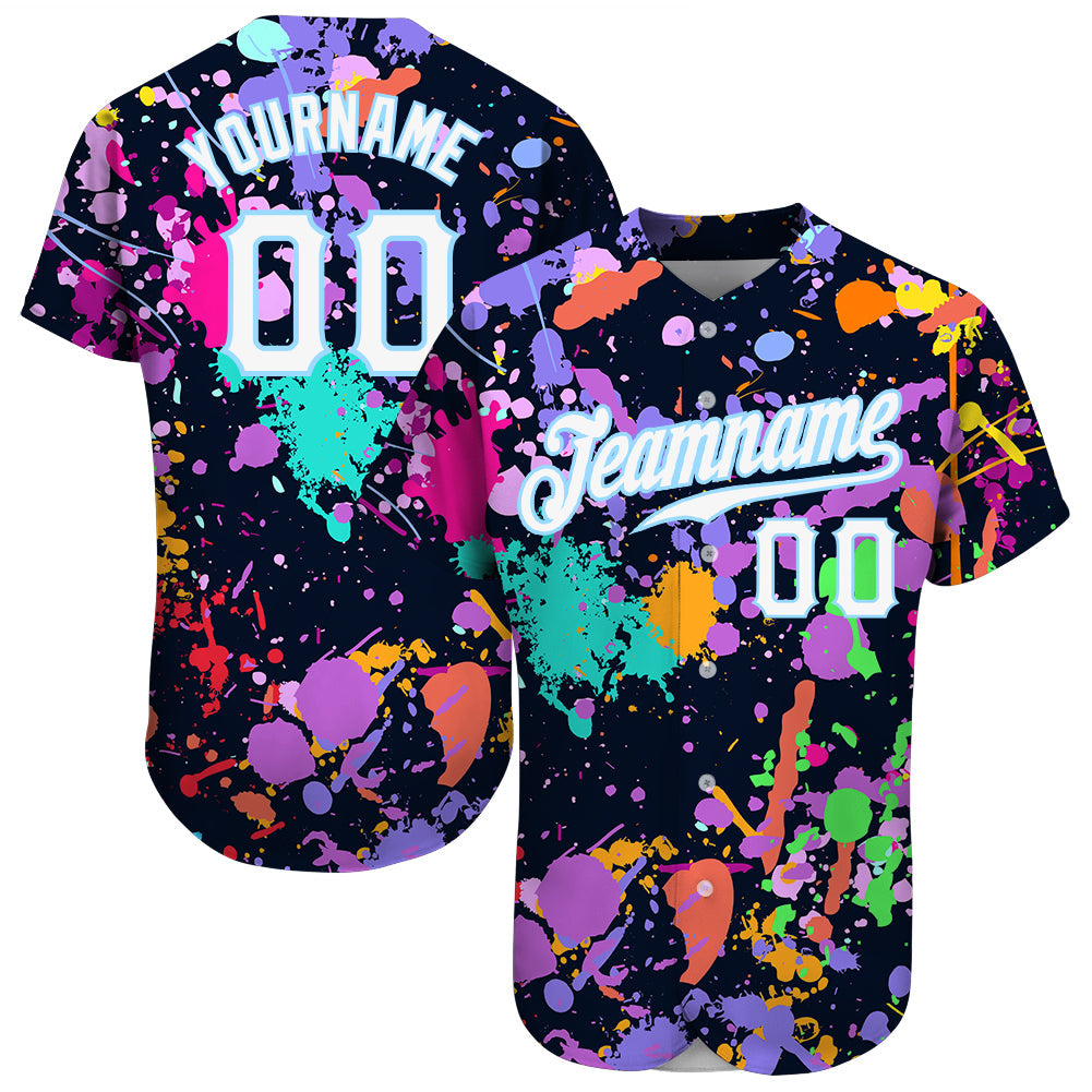 Custom Splashes Graffiti Pattern White-Light Blue 3D Authentic Baseball Jersey - Main View