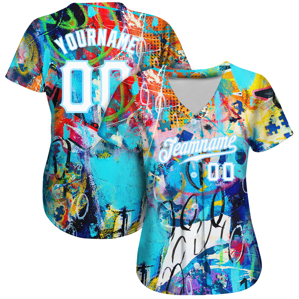 Custom Abstract Graffiti White-Light Blue 3D Authentic Baseball Jersey view 2
