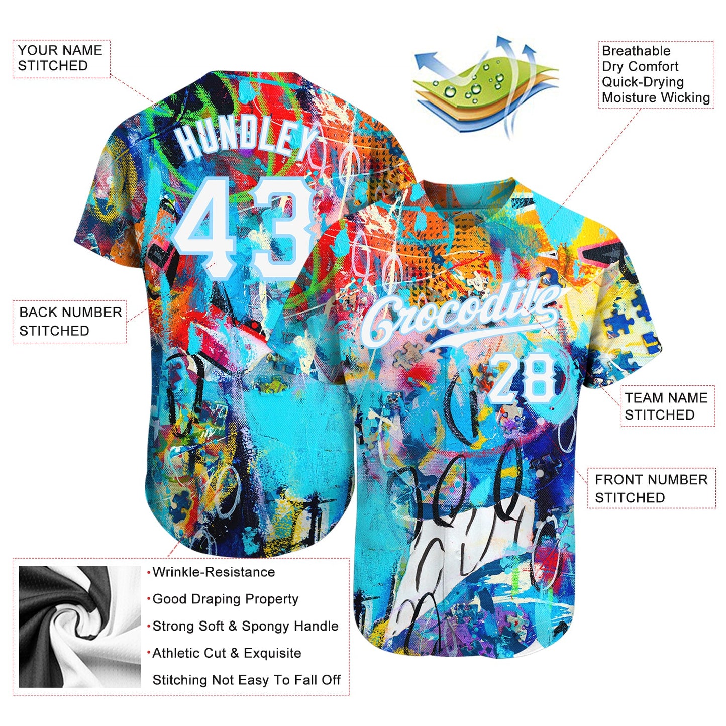 Custom Abstract Graffiti White-Light Blue 3D Authentic Baseball Jersey view 3