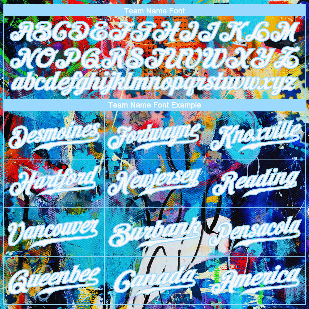 Custom Abstract Graffiti White-Light Blue 3D Authentic Baseball Jersey view 4
