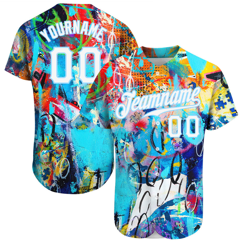 Custom Abstract Graffiti White-Light Blue 3D Authentic Baseball Jersey - Main View