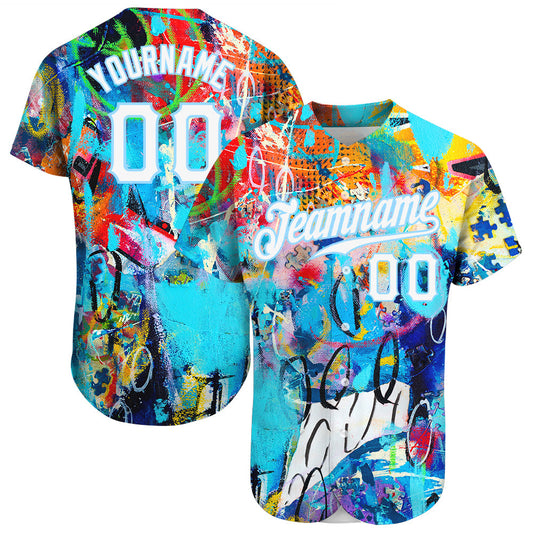 Custom Abstract Graffiti White-Light Blue 3D Authentic Baseball Jersey - Main View