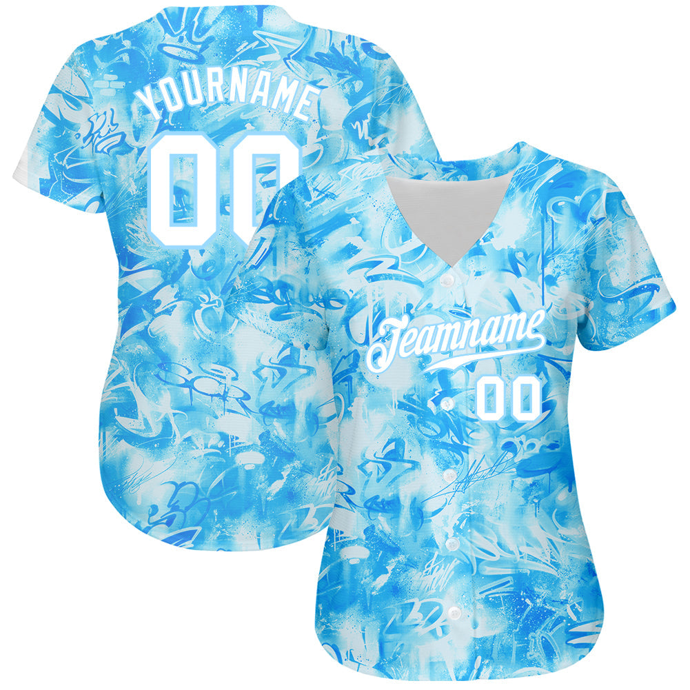Custom Scratch Graffiti Pattern White-Light Blue 3D Authentic Baseball Jersey view 2