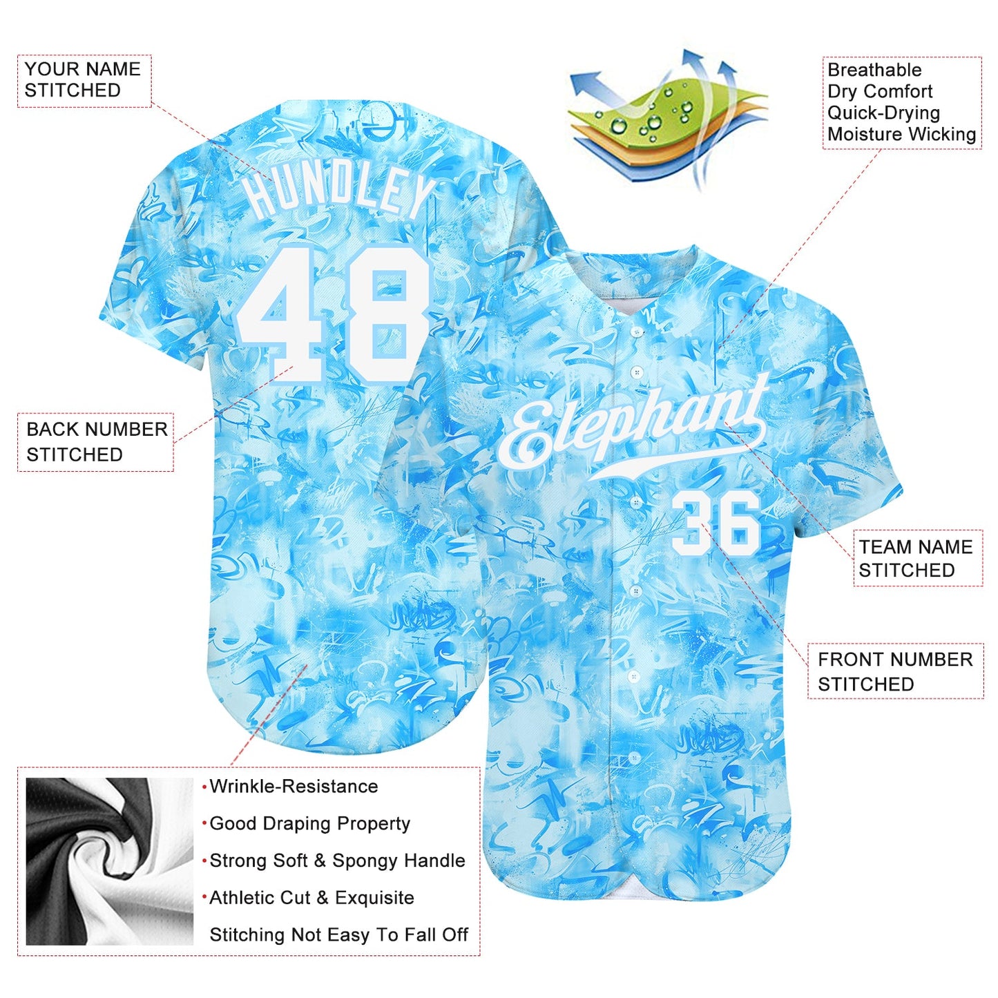 Custom Scratch Graffiti Pattern White-Light Blue 3D Authentic Baseball Jersey view 3