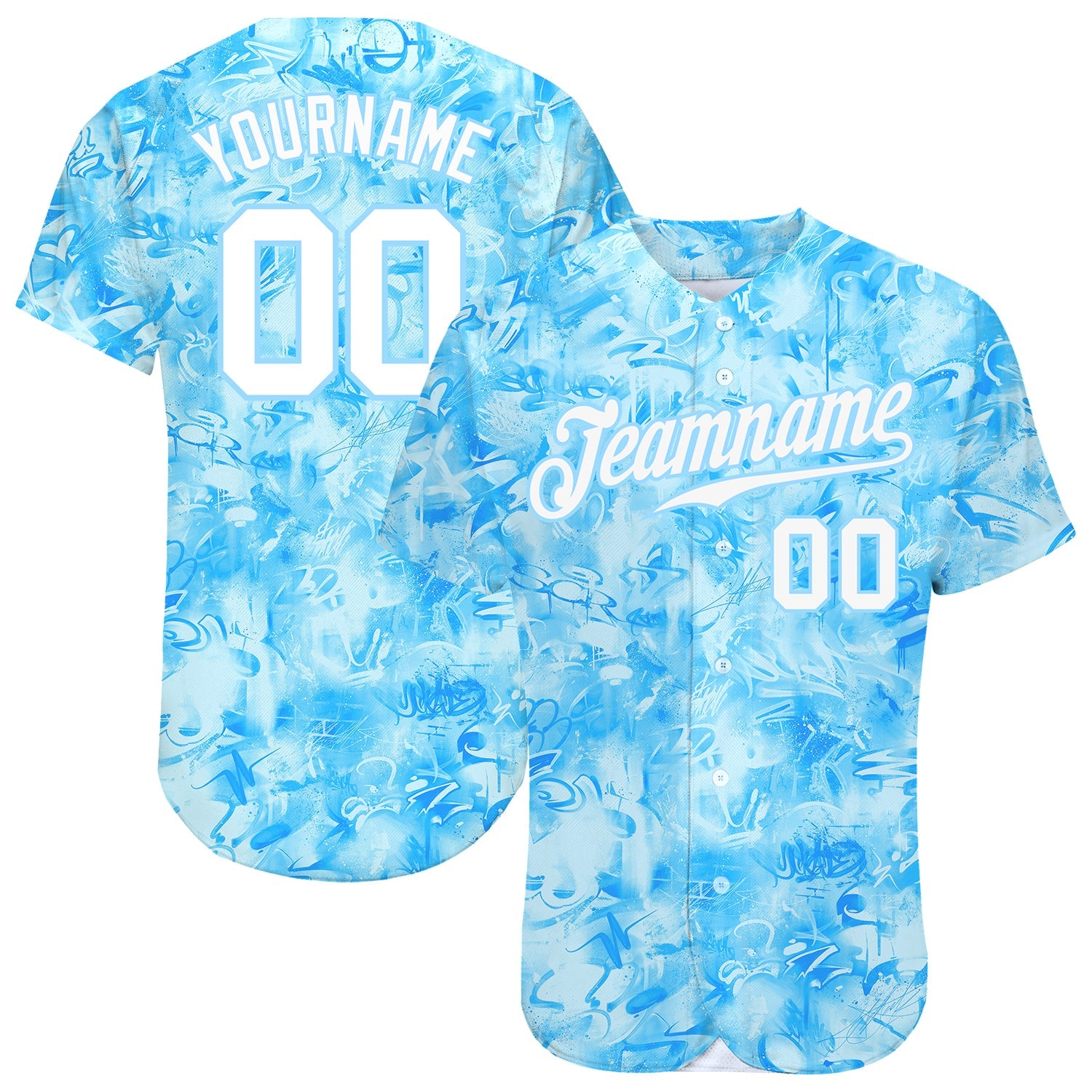Custom Scratch Graffiti Pattern White-Light Blue 3D Authentic Baseball Jersey - Main View