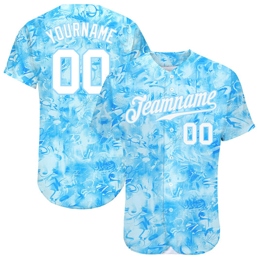 Custom Scratch Graffiti Pattern White-Light Blue 3D Authentic Baseball Jersey - Main View
