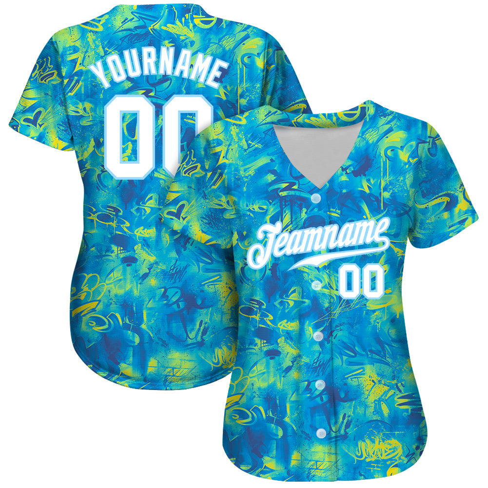 Custom Scratch Graffiti Pattern White-Light Blue 3D Authentic Baseball Jersey view 2