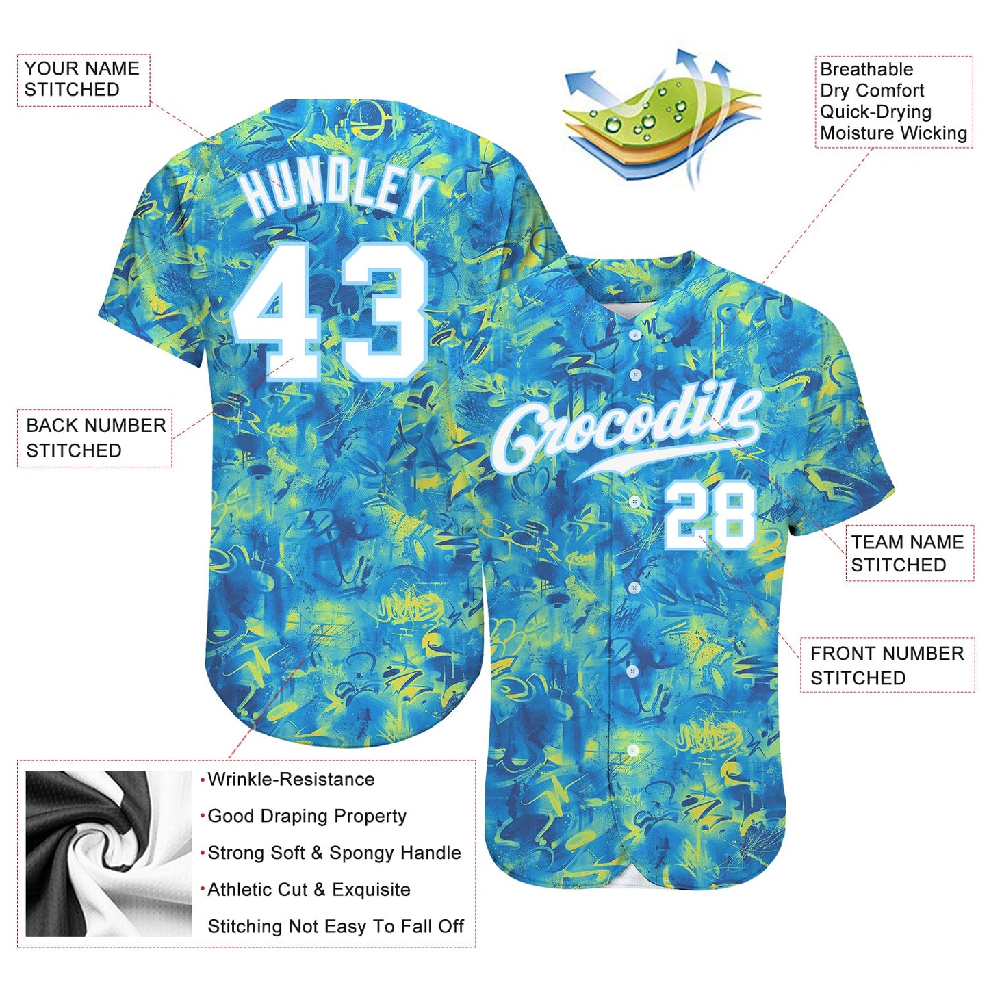 Custom Scratch Graffiti Pattern White-Light Blue 3D Authentic Baseball Jersey view 3