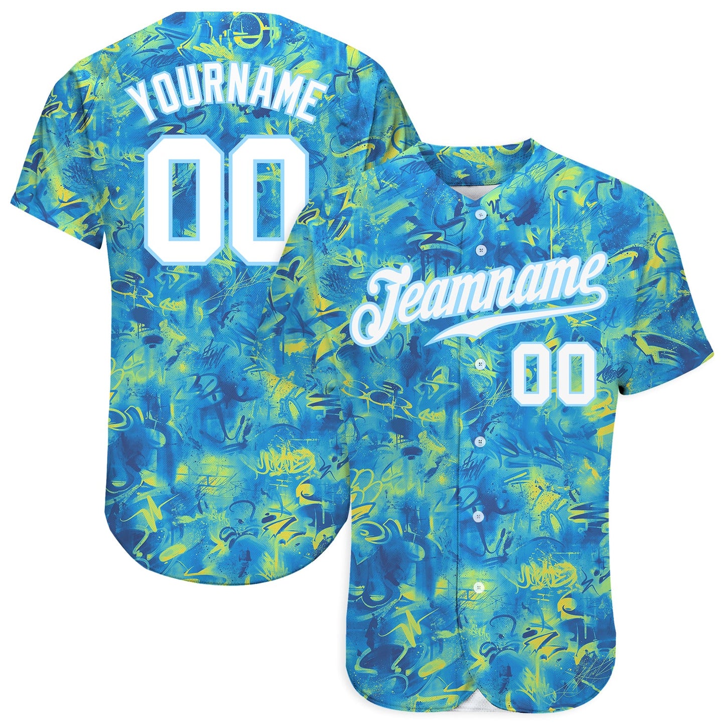 Custom Scratch Graffiti Pattern White-Light Blue 3D Authentic Baseball Jersey - Main View