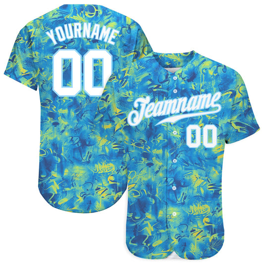Custom Scratch Graffiti Pattern White-Light Blue 3D Authentic Baseball Jersey - Main View