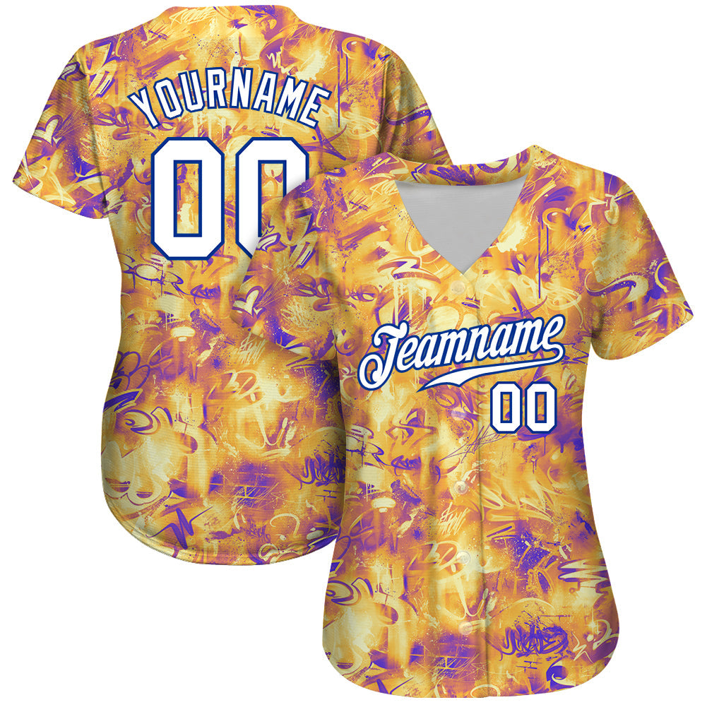 Custom Scratch Graffiti Pattern White-Royal 3D Authentic Baseball Jersey view 2