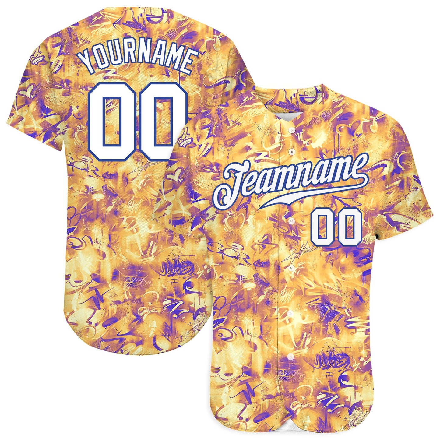 Custom Scratch Graffiti Pattern White-Royal 3D Authentic Baseball Jersey - Main View