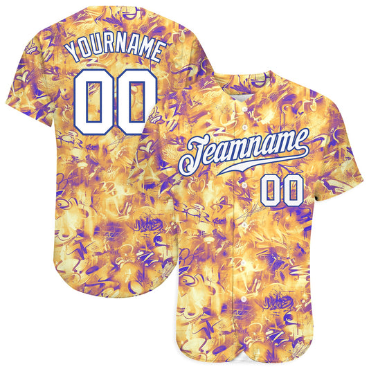 Custom Scratch Graffiti Pattern White-Royal 3D Authentic Baseball Jersey - Main View