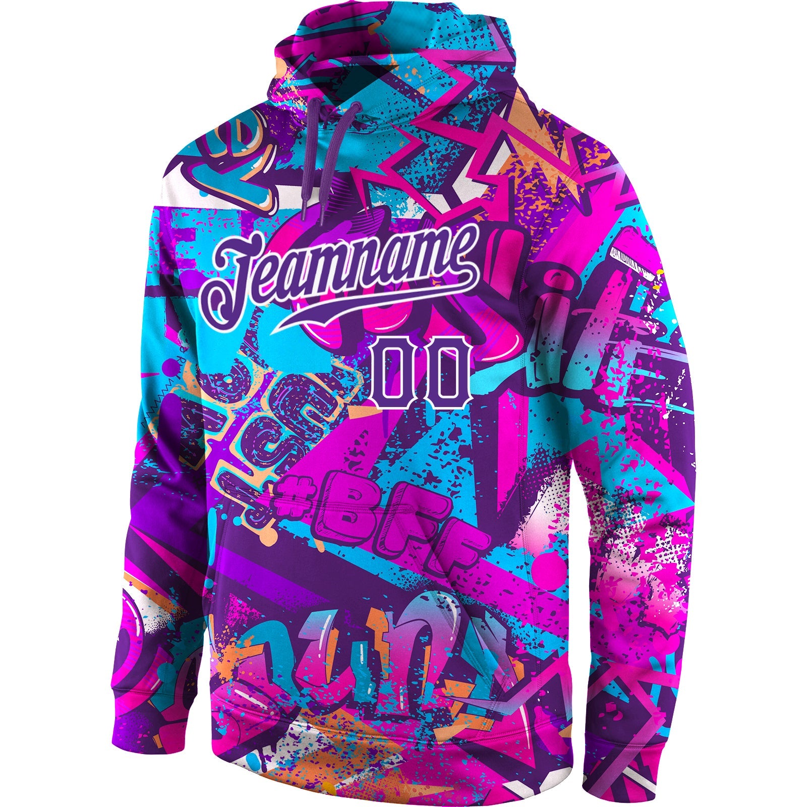 Custom Stitched Graffiti Pattern Purple-White 3D Sports Pullover Sweatshirt Hoodie view 2