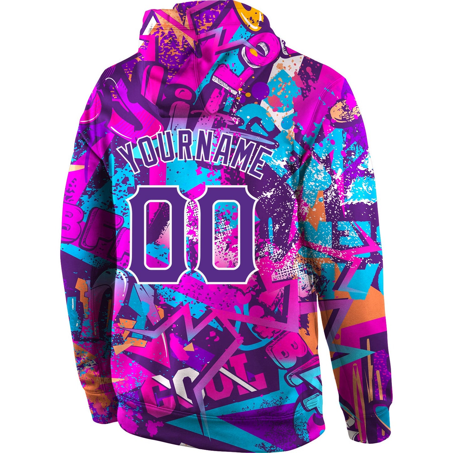 Custom Stitched Graffiti Pattern Purple-White 3D Sports Pullover Sweatshirt Hoodie view 3