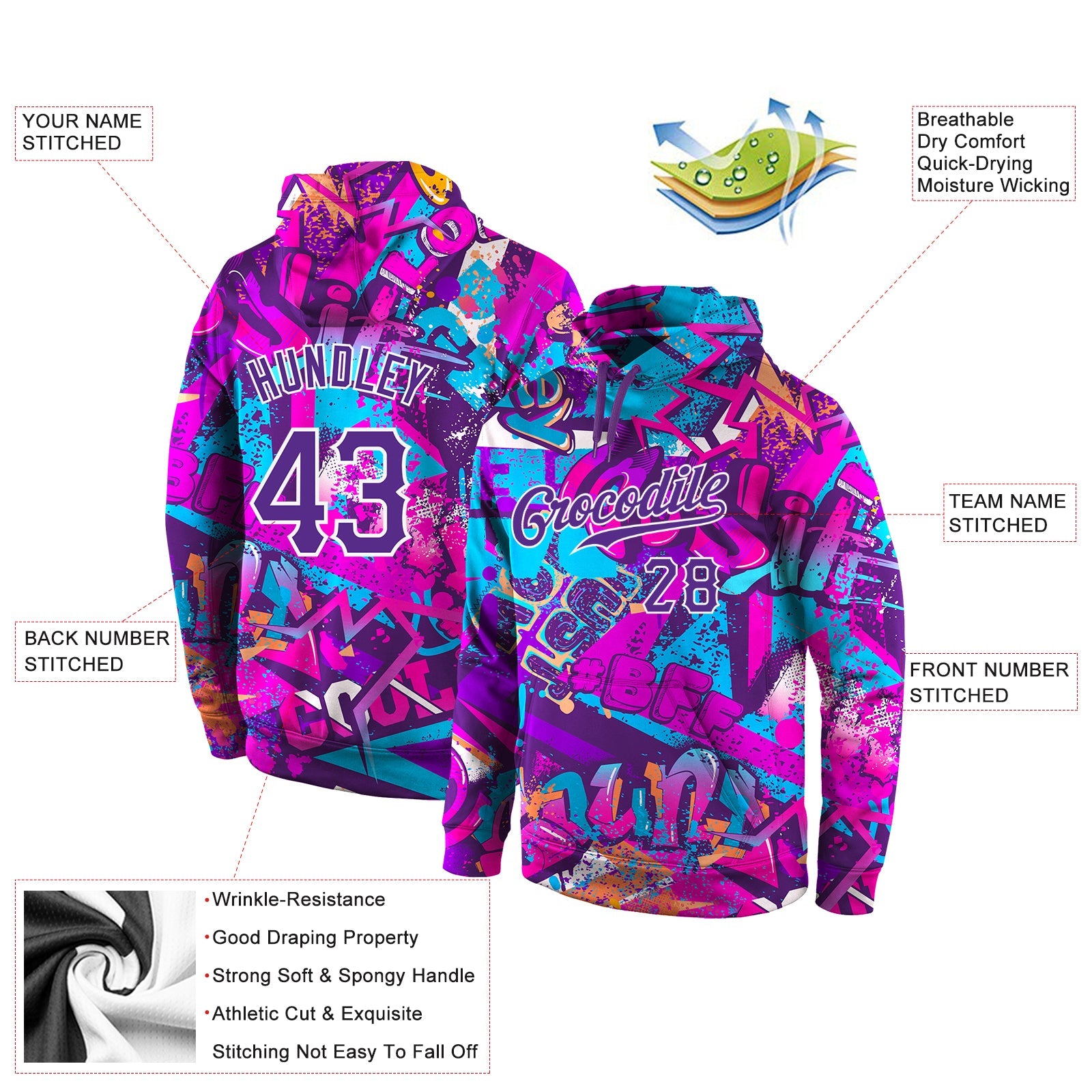 Custom Stitched Graffiti Pattern Purple-White 3D Sports Pullover Sweatshirt Hoodie view 4