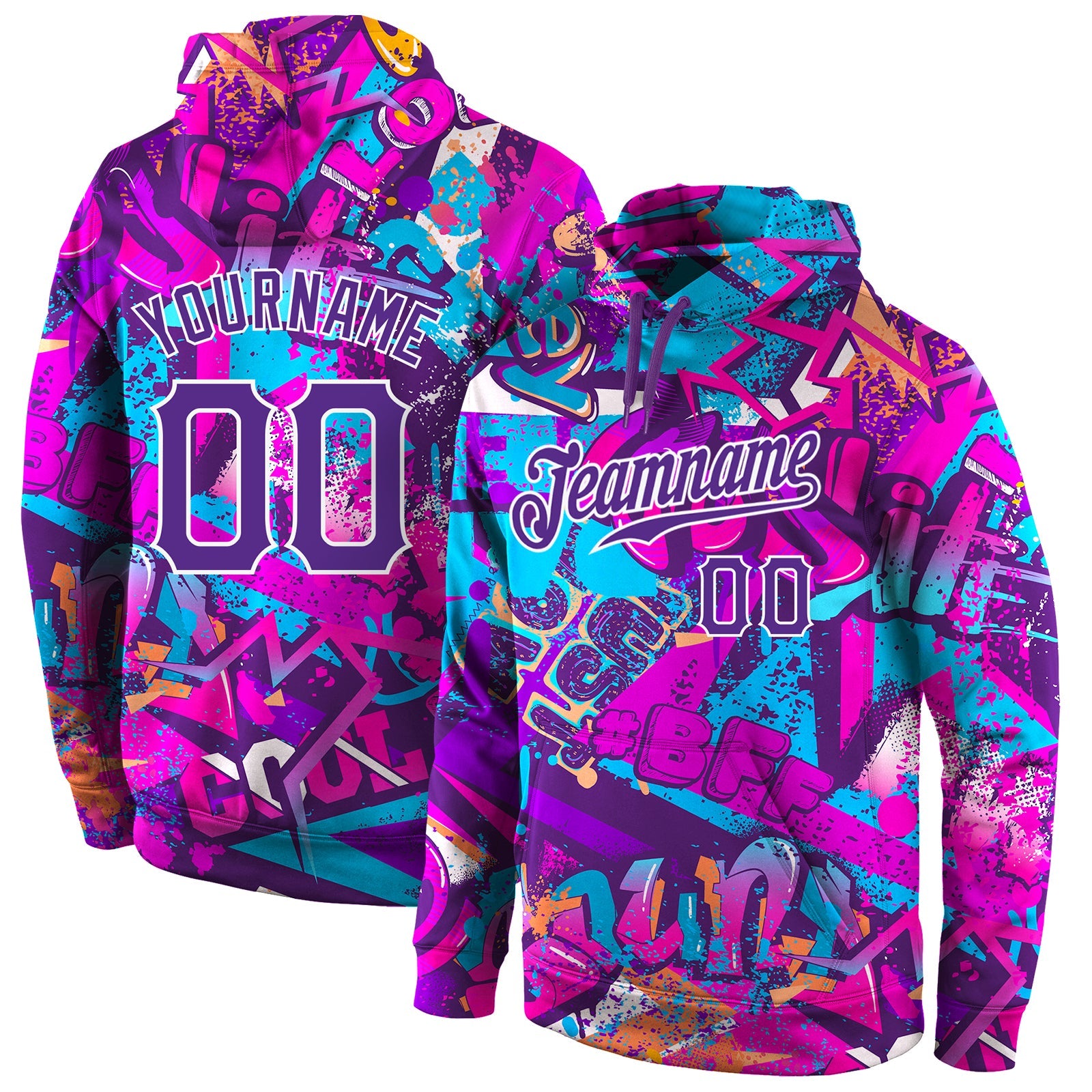 Custom Stitched Graffiti Pattern Purple-White 3D Sports Pullover Sweatshirt Hoodie - Main View
