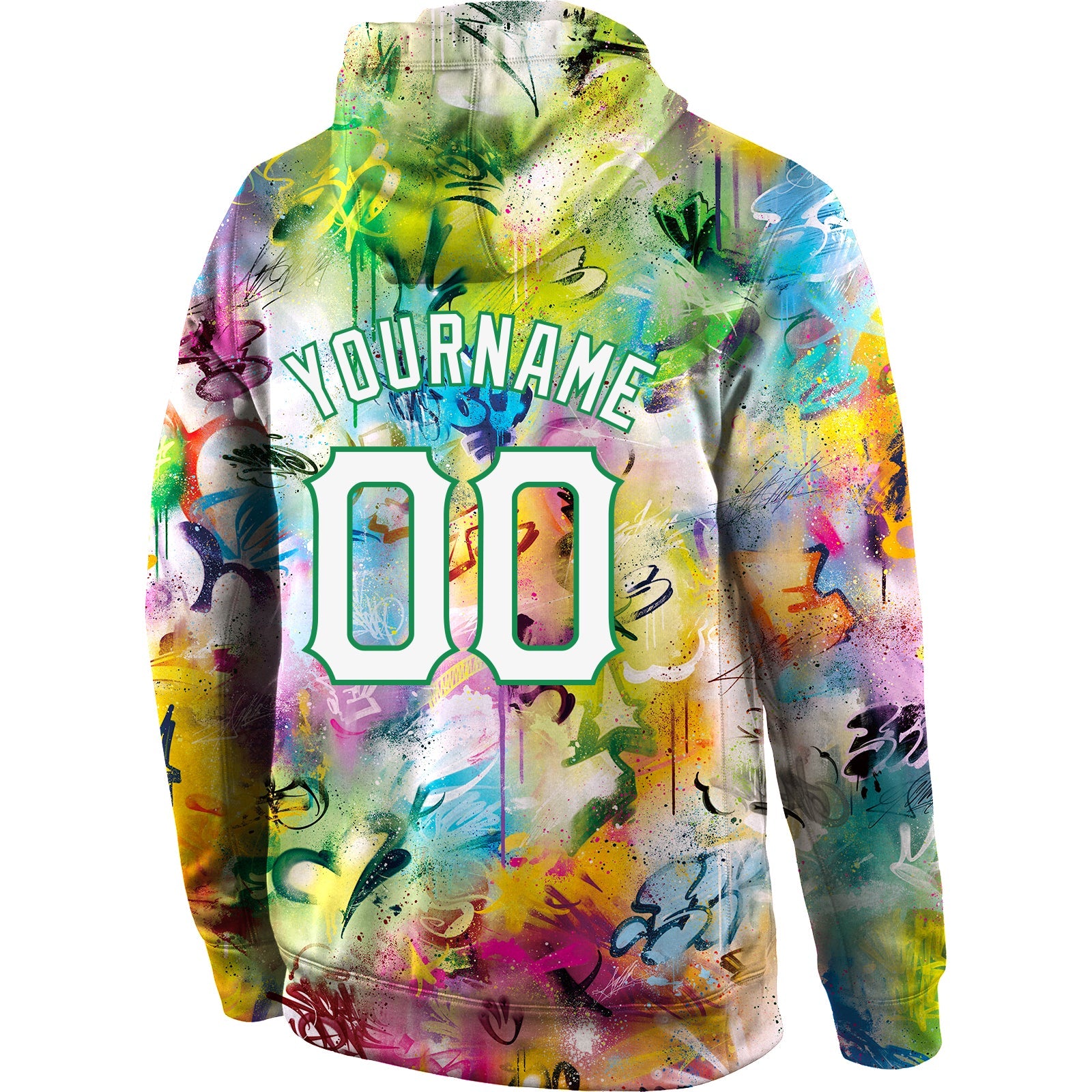 Custom Stitched Graffiti Pattern White-Kelly Green 3D Sports Pullover Sweatshirt Hoodie view 3