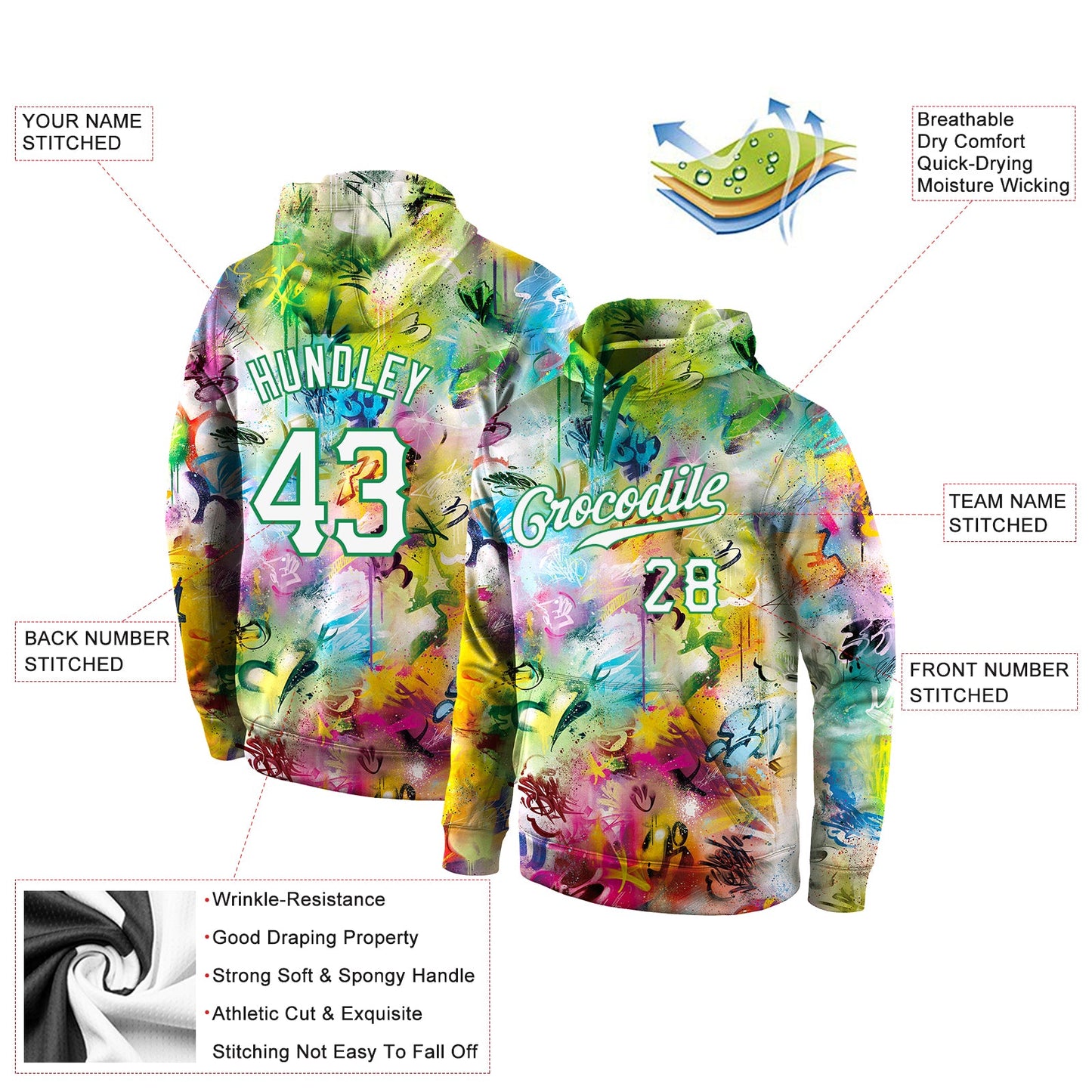 Custom Stitched Graffiti Pattern White-Kelly Green 3D Sports Pullover Sweatshirt Hoodie view 4