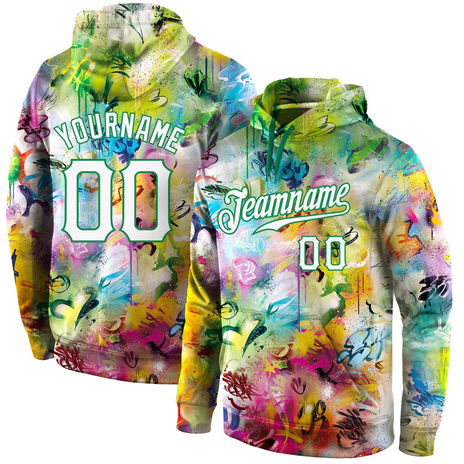 Custom Stitched Graffiti Pattern White-Kelly Green 3D Sports Pullover Sweatshirt Hoodie - Main View