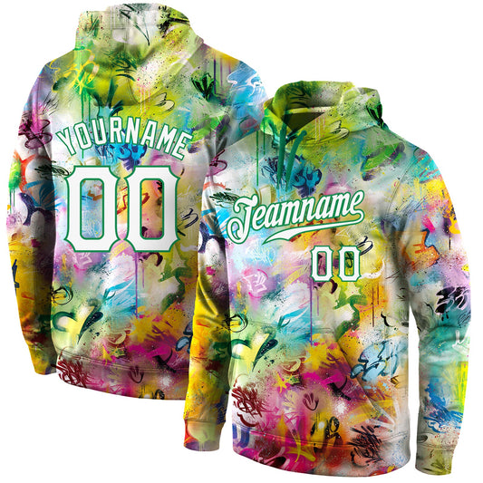 Custom Stitched Graffiti Pattern White-Kelly Green 3D Sports Pullover Sweatshirt Hoodie - Main View