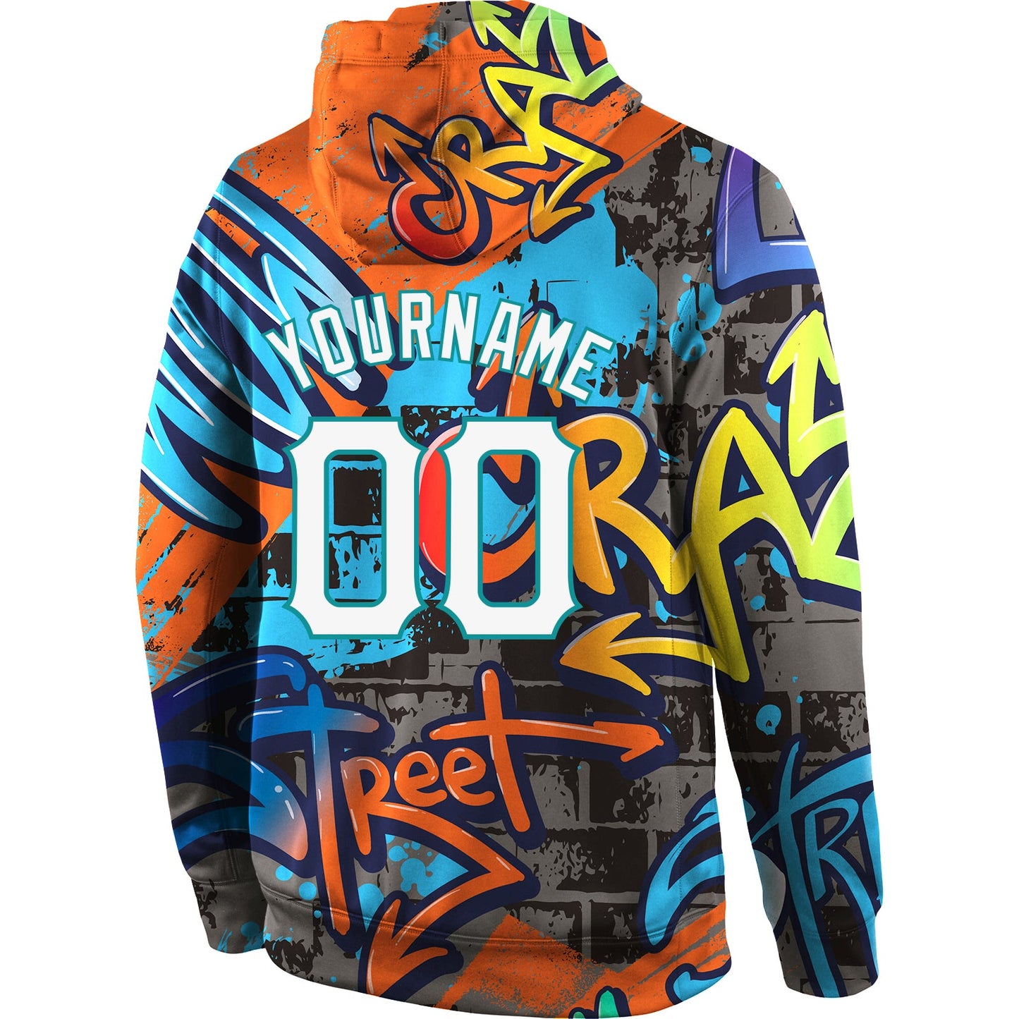Custom Stitched Graffiti Pattern White-Aqua 3D Sports Pullover Sweatshirt Hoodie view 3