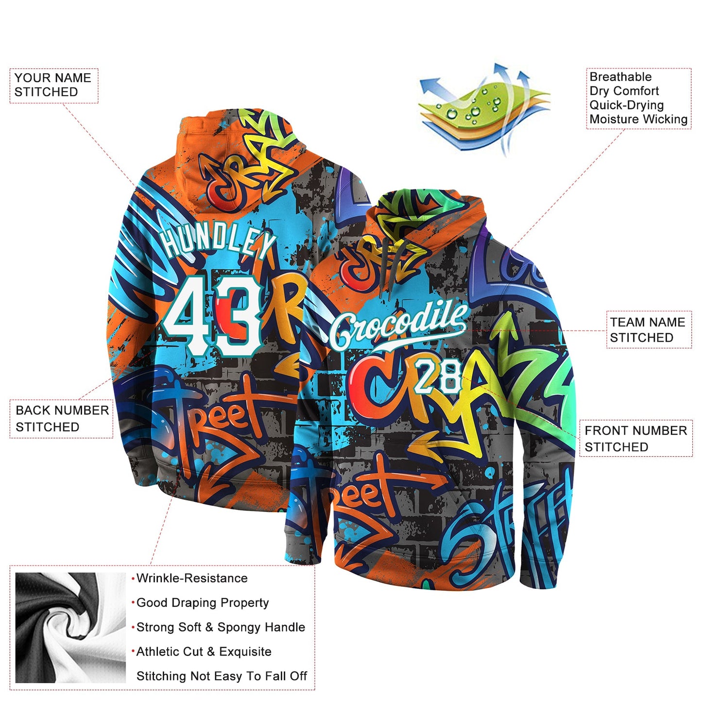 Custom Stitched Graffiti Pattern White-Aqua 3D Sports Pullover Sweatshirt Hoodie view 4