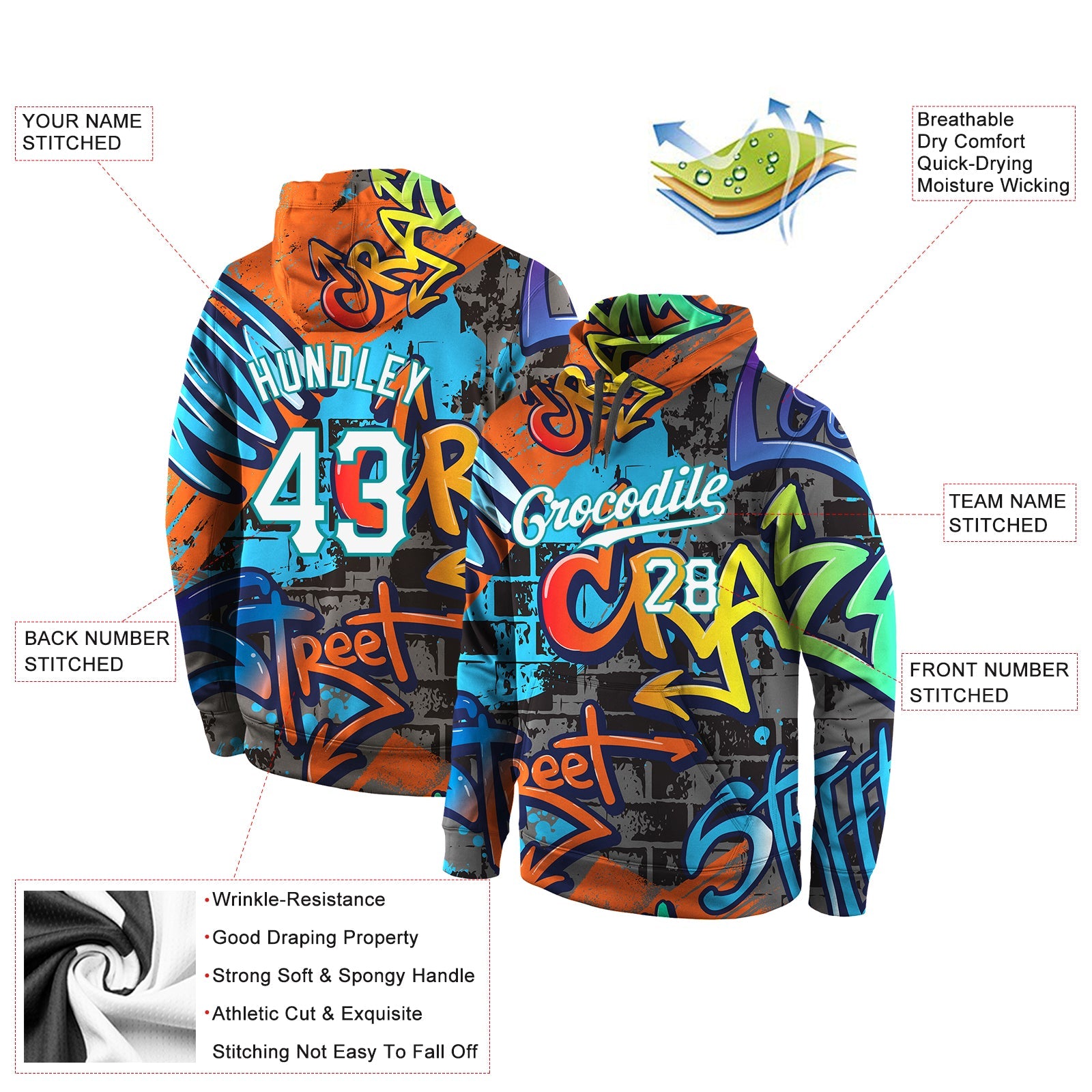 Custom Stitched Graffiti Pattern White-Aqua 3D Sports Pullover Sweatshirt Hoodie view 4