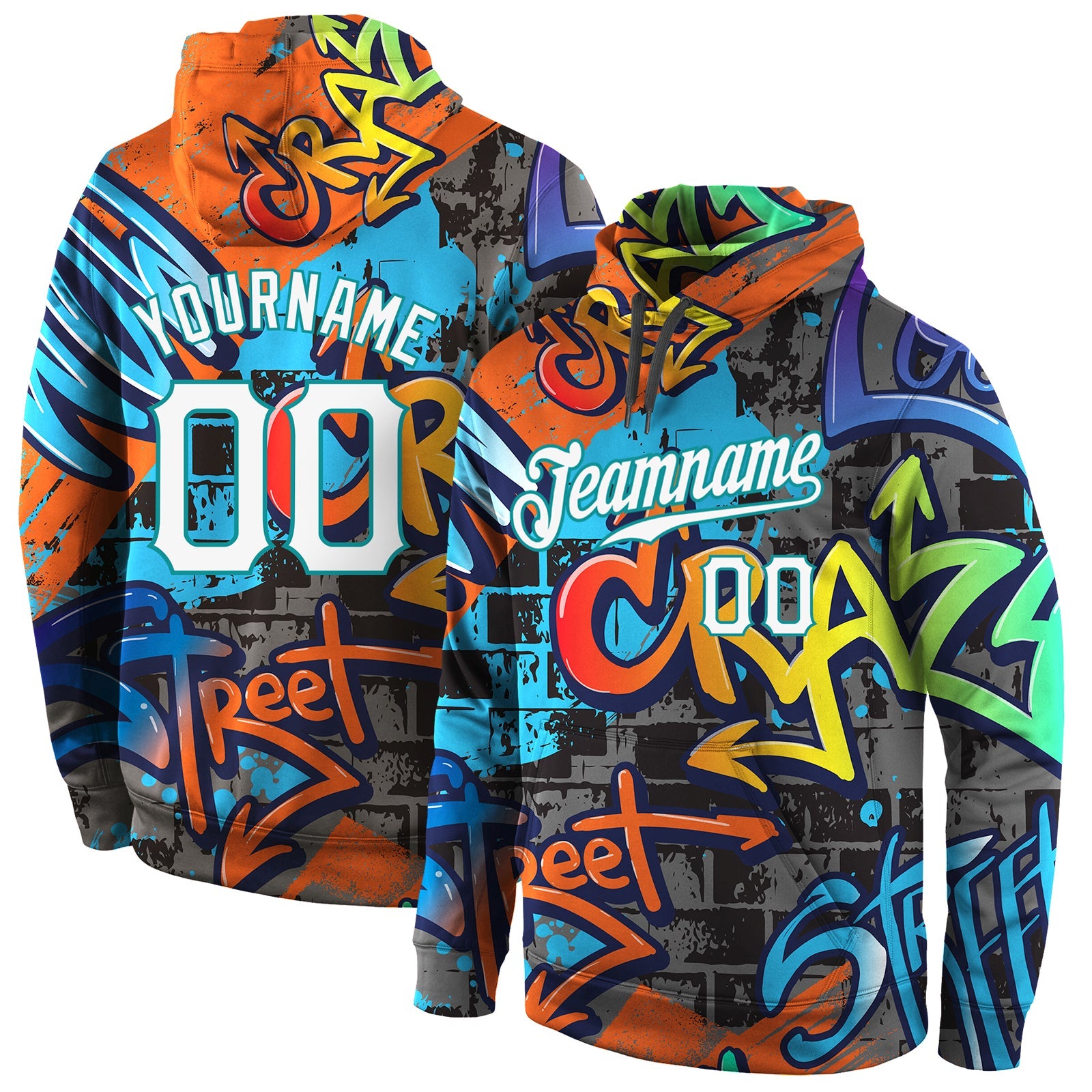 Custom Stitched Graffiti Pattern White-Aqua 3D Sports Pullover Sweatshirt Hoodie - Main View