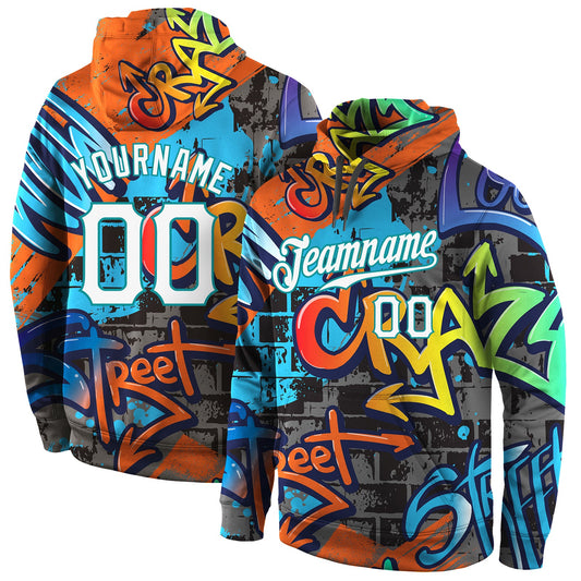 Custom Stitched Graffiti Pattern White-Aqua 3D Sports Pullover Sweatshirt Hoodie - Main View