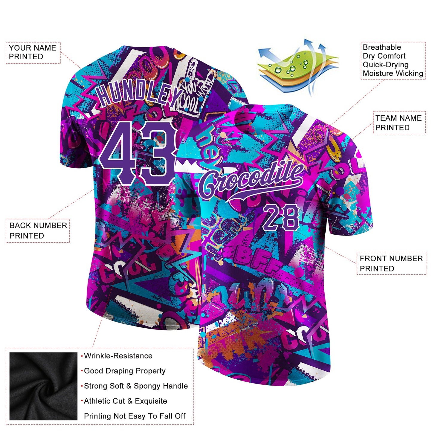 Custom Graffiti Pattern Purple-White 3D Performance T-Shirt view 2