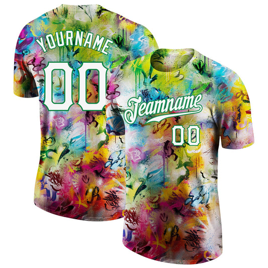 Custom Graffiti Pattern White-Kelly Green 3D Performance T-Shirt - Main View