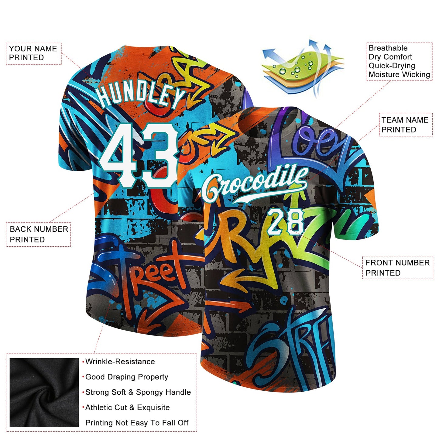 Custom Graffiti Pattern White-Aqua 3D Performance T-Shirt view 2
