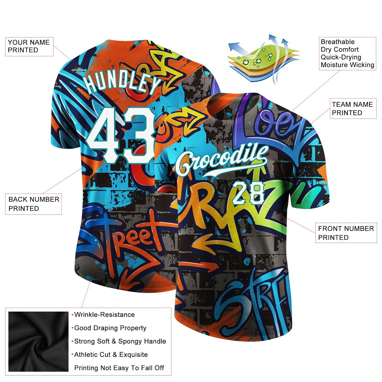 Custom Graffiti Pattern White-Aqua 3D Performance T-Shirt view 2