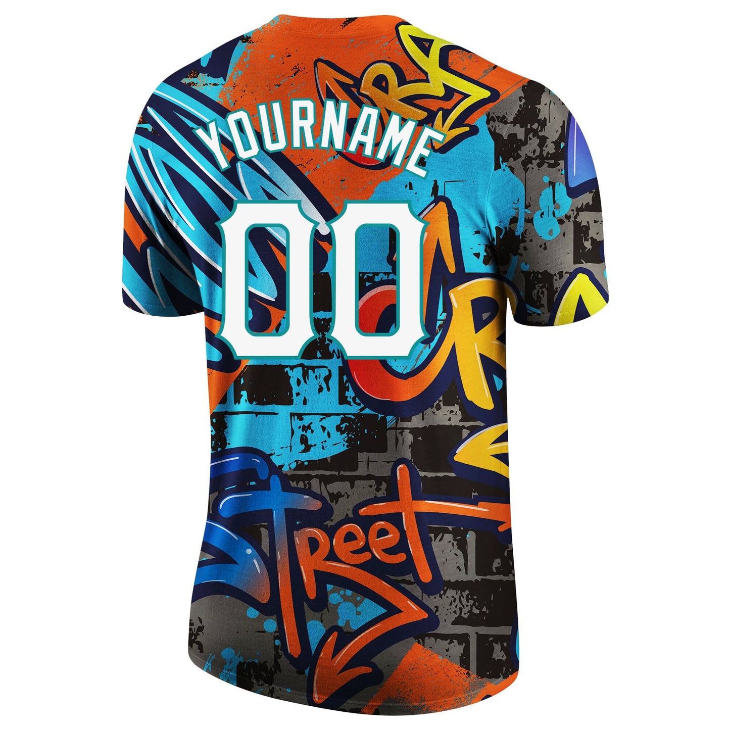 Custom Graffiti Pattern White-Aqua 3D Performance T-Shirt view 6